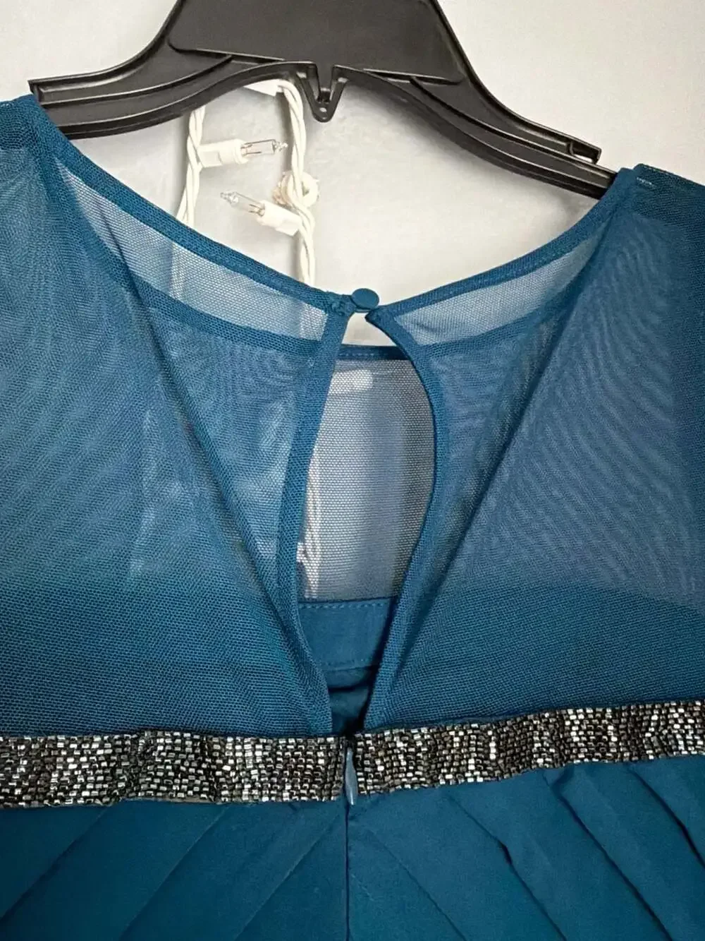 Calvin Klein Teal Mesh Yoke Beaded Chevron Pleated Sheath Dress - Picture 8 of 12